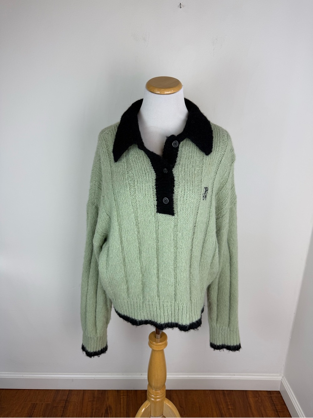 Grove Soft Knit Collar Pullover Sweater Mint Green Black Size F US M - Picture 4 of 9